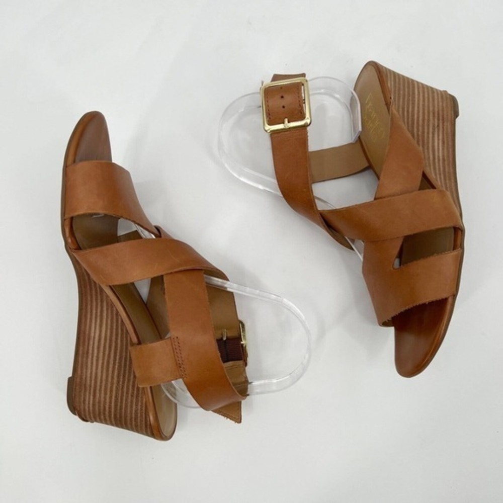 Franco Sarto Mallory Wedge Sandals Brown Leather Heels Strappy Buckle - Picture 5 of 10